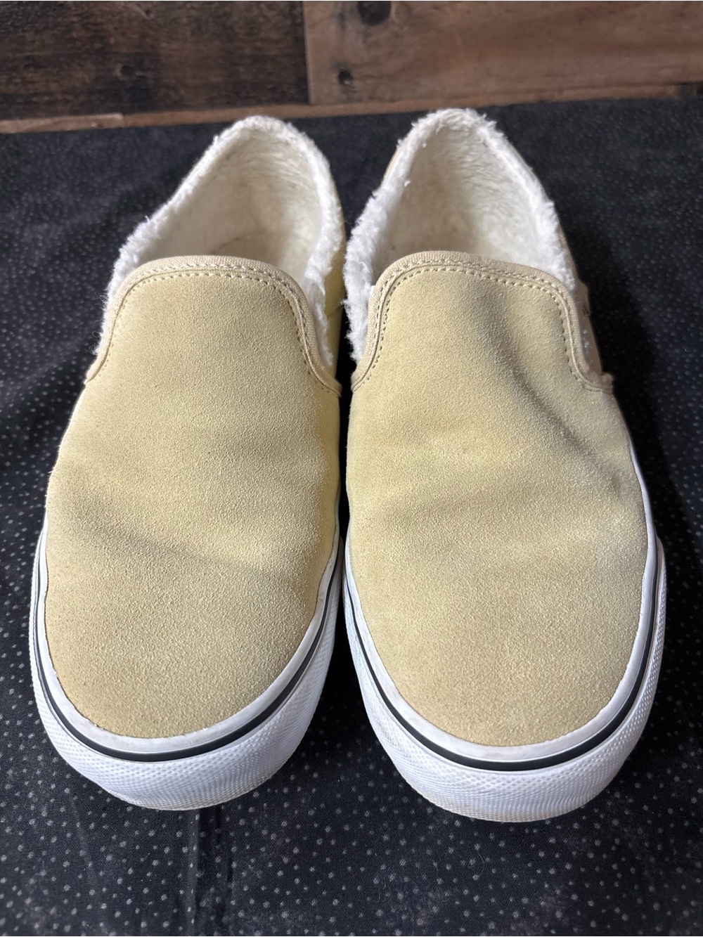 Vans Slip-On Flats in Taupe/Khaki with Fuzzy Lining